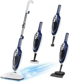 three different types of vacuums with blue and white colors