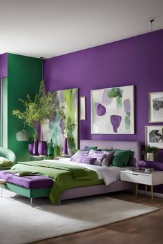 a bedroom with purple, green and white decor on the walls is pictured in this image