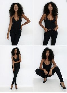 four different pictures of a woman in black clothing