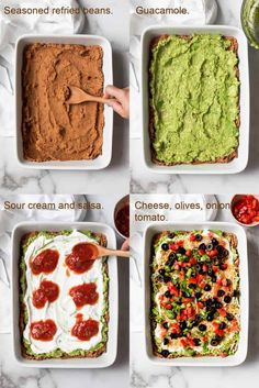 four different types of guacamole in white dishes on a marble counter top