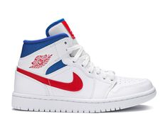 Wmns Air Jordan 1 Mid 'USA' - Air Jordan - BQ6472 164 - white/university red/game royal | Flight Club Nike Air Jordan Mid, Clean White Leather, Air Jordan Mid, Air Jordan 1 Mid White, Jordan Mid, Wmns Air Jordan 1, Jordan Model, Womens Air Jordans, Cute Nike Shoes