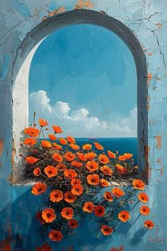 an oil painting of orange flowers in a blue window sill with the ocean behind it