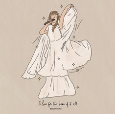 a drawing of a woman in white dress holding a cell phone to her ear and singing into a microphone