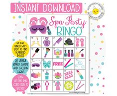 a printable spa party bingo game with lots of items on the front and back