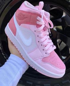 Jordan 1 Mid Digital Pink, All White Jordan 1, Air Jordan 1 Mid Digital Pink, Jordan Rose, Custom Air Jordan 1, Preppy Shoes, White Jordans, Pretty Shoes Sneakers, All Nike Shoes