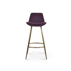 an upholstered stool with a gold frame and purple fabric on the seat, in front of a white background