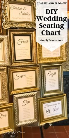 wedding seating chart with gold frames and white lettering on the bottom, in front of a table