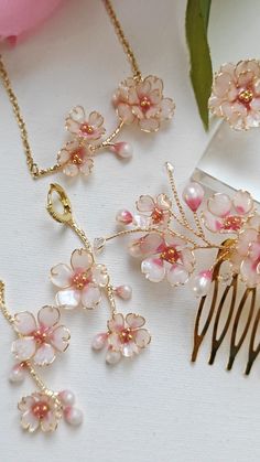 Sakura Necklace, Cherry Blossom Jewelry, Cherry Blossom Ring, Cherry Blossom Earrings, Necklace Prom, Prom Jewelry Sets, Prom Necklace, Cherry Blossom Necklace, Red Cherry Blossom