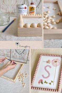 Photographs showing the different stages of making a bobble frame. Gluing the split wooden balls to the frame, and the finished painted frame. Cadre Diy, Painted Picture Frames, Diy Nursery, Wooden Craft, Christening Gifts, Crafty Diy, Wooden Art