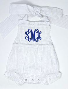 Simple and Sweet Monogrammed Sunsuit - Perfect for summertime  In the Note to Seller section, please respond with: - FULL name - First, Middle, Last  It's important that you do this to ensure that I get the initials correct for the monogram.  - Monogram font choice - See photos for options - Thread color - Can be any color at all!  Want something more custom? No problem! I love any custom ideas you might have and would love to talk about the different things we could do! Summer Gingham Cotton Bubble Romper, White Short Sleeve Bubble Romper For Beach, Fitted White Bubble Romper For Beach, White Fitted Bubble Romper For Summer, White Fitted Summer Bubble Romper, Olivia Grace, Future Children, Fits Inspo