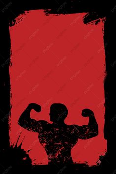 the silhouette of a man flexing his muscles in front of a red square background