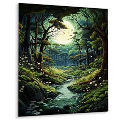 a painting of a river running through a lush green forest under a moonlit sky