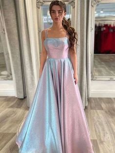 A-Line/Princess Ruffles Straps Sleeveless Floor-Length Dresses Rainbow Prom Dress, Long Ball Dresses, Satin Long Prom Dress, Backless Prom Dresses, Senior Prom, A Line Prom Dresses, Vow Renewal, Floor Length Dresses, Long Prom Dress