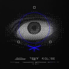 an eye is shown in the middle of a black background with blue lines and dots