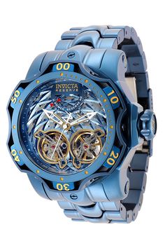 This impressive Invicta Reserve watch features an Automatic movement, all in a solid dark blue, gold case. Its blue, gold metal dial is enclosed by a highly protective Flame Fusion Crystal. This watch is finished by a strong dark blue stainless steel band, and it offers 1000m water resistance.The exceptional taste and distinguished palette of the connoisseur will discover timeless pleasure within the Invicta Reserve collection. Specially developed for those in the know, Reserve is a reinvention Blue Watch With Metal Rectangular Dial, Formal Blue Chronograph Watch With Skeleton Dial, Blue Chronograph Watch With Skeleton Dial For Formal Occasions, Formal Blue Watch With Metal Dial, Formal Blue Chronograph Watch With Metal Dial, Timeless Blue Skeleton Dial Watch, Luxury Blue Watches With Metal Dial, Timeless Blue Watch With Skeleton Dial, Blue Analog Display Watch For Formal Occasions