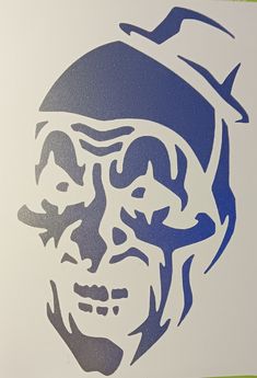 a blue and white drawing of a man's face with a hat on his head