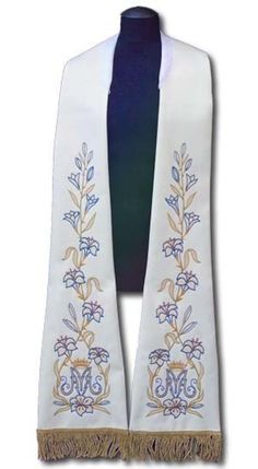 White stole - Roman pattern, embroidered Length (with tassels) - 128 cm / 50.4 inches, width - 17 cm / 6.7 inches. Elegant design, rich embroidery, high quality liturgical fabric make the stole look very impressive. The stole is ideal for use during sermons, services, processions. An excellent choice as a gift for a priest on the occasion of ordination, primacy, priesthood jubilee. White Folk-style Fabric With Floral Embroidery, White Folk Style Fabric With Floral Embroidery, Ceremonial White Embroidered Fabric With Border, White Folk Style Embroidered Fabric, Folk White Fabric With Embroidered Border, White Intricate Embroidered Fabric For Ceremonial Use, Priestly Garments, Roman Pattern, White Stole