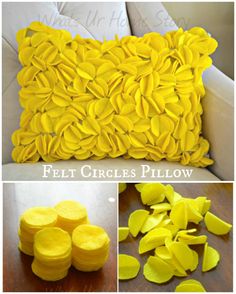 four pictures showing how to make a pillow with felt circles in yellow and white colors