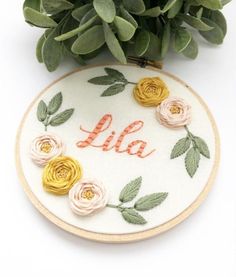 Name Embroidery Art - Nursery Embroidery Hoop Art - Hand Embroidered - Monogram Initial Embroidery Designs Hoop, Nursery Embroidery, Embroidery Hoop Crafts, Name Embroidery, Floral Embroidery Patterns, Embroidered Monogram, Embroidery Flowers Pattern, Simple Embroidery