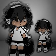 an anime character with black hair and headphones on, standing next to another character