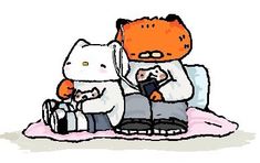 a drawing of a cat sitting next to a person on a blanket holding a cell phone