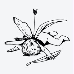 a black and white drawing of a girl upside down on her back with an arrow sticking out of her head