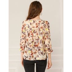 The elegant floral pattern adds dramatic styling to the semi-sheer 3/4 sleeve blouse. Full of romantic charm, this lightweight blouse is accented with a ruffle sleeve and a tie v-neck. An elegant tie-neck and half sleeves with elastic cuffs enhance the casual softy grace of the floral blouse in a loose H silhouette. Wear it with open-toe sandals and casual pants for an effortlessly feminine look. Fall Floral Print Half Sleeve Blouse, Printed 3/4 Sleeve Blouse For Fall, Printed 3/4 Sleeve Blouse, Ruffled 3/4 Sleeve Blouse For Work, Elegant Ruffled Blouse With 3/4 Sleeves, Elegant Blouse With Ruffles And 3/4 Sleeves, Elegant Ruffled 3/4 Sleeve Blouse, Spring Half Sleeve Blouse For Brunch, Chic Half Sleeve Blouse For Fall