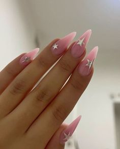 French Tip And Star Nails, Pink Pony Club Nails, Nail Star Designs, Pink Nails With Stars, Nails Stars Design, Nails Pink And Silver, Pink Star Nails, Led Nails, Diy Gel Manicure