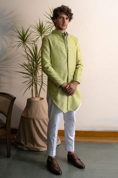 Shop for Project Bandi Green Chanderi Silk Mirror Embellished Achkan And Kurta Set for Men Online at Aza Fashions Fitted Green Kurta With Mirror Work, Designer Green Kurta For Festive Occasions, Fitted Pista Green Bandhgala With Chikankari Embroidery, Green Sherwani With Mirror Work For Eid, Designer Green Traditional Wear For Eid, Formal Green Traditional Wear With Chikankari Embroidery, Ceremonial Green Nehru Jacket With Chikankari Embroidery, Designer Green Long Sleeve Kurta, Fitted Green Cotton Bandhgala