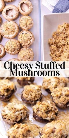 cheese stuffed mushrooms on a baking sheet and in the background is an image of baked mushrooms