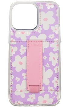 a phone case with a pink handle and flowers on it