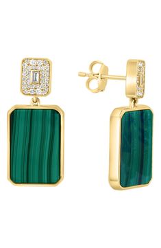 White diamonds add glamour and brilliance to drop earrings featuring a malachite rectangle stone and 14k gold finish. 0.66" x 0.45" Post back Total diamond weight: 0.27ct
 14k gold/diamond/malachite
 Made in the USA Diamond Guide Fine Jewelry Emerald Rectangular Earrings, Rectangular Emerald Earrings Fine Jewelry, Formal Rectangular Earrings With May Birthstone, Gold Emerald Rectangular Earrings, Gold Rectangular Emerald Earrings, Diamond Guide, Gold Finish, Diamond White, Gold Diamond