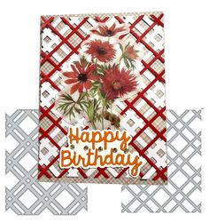 a happy birthday card with red flowers on it