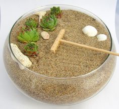 a glass bowl filled with sand and plants