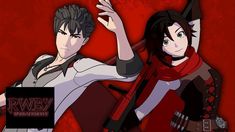 two anime characters standing next to each other in front of a red background with the words rwby on it