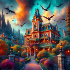 a painting of a house with bats flying over it