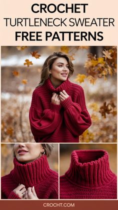 a woman wearing a red knitted turtle neck sweater with the text, crochet turtleneck sweater free patterns