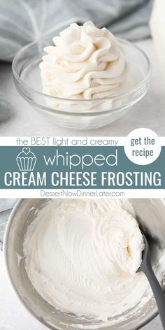 whipped cream in a glass bowl with the words whipped cream frosting on top and below