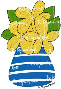 a blue and white striped vase with yellow flowers in it's bottom half is shown