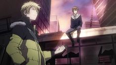 an anime scene with two people sitting on the ledge and one person standing in front of him