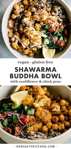 cauliflower shawama buddha bowl with lemon wedges and garnishes