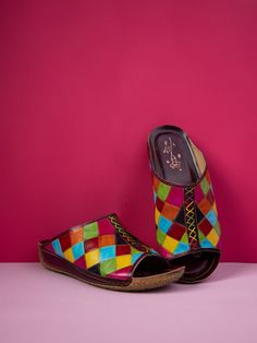 Multi Multicolor Round Toe Mules For Summer, Multicolor Sandals With Leather Sole For Summer, Summer Multicolor Sandals With Leather Sole, Multicolor Sandals With Leather Sole For Spring, Multicolor Leather Sole Sandals For Spring, Multicolor Open Toe Mules For Summer, Summer Multicolor Flat Heel Mules, Multicolor Leather Sandals With Cushioned Footbed, Multicolor Leather Wedge Sandals For Summer