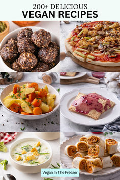 a collage of vegan dishes and desserts