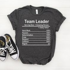 "Personalized Team Leader Nutrition Facts Shirt, Team Leader Shirt, Team Leader Gift, Team Leader T shirt, Team Leader Unisex Tee ♥ This is a great personalized Team Leader gift that will put a big smile on the recipient's face. Gift them an unforgettable memory now! 𝐒𝐈𝐙𝐈𝐍𝐆 𝗔𝗡𝗗 𝐂𝐎𝐋𝐎𝐑𝐒 For detailed sizing information and color options, please see the listing images. -B.C Only - It means that we have that color only for our Bella Canvas Tees. 📌 𝗛𝗢𝗪 𝗧𝗢 𝗢𝗥𝗗𝗘𝗥 𝟏. Select the Boss T Shirt, Weights For Women, Ropa Diy, Bella Canvas Tees, Drummers, Smile On, Lacrosse, Unisex Shirts, Scuba Diving