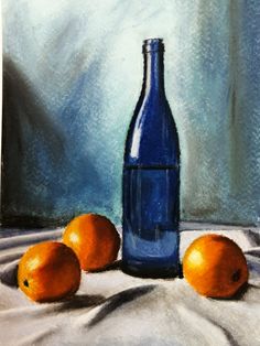 a painting of three oranges and a blue bottle