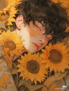 a painting of a boy with sunflowers on his face and shoulders, looking down at him