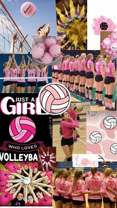 girls volleyball collage with pink and black colors, including the words just a girl who loves volleyball