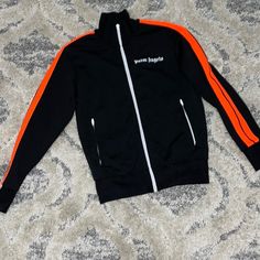 Pit To Pit 21” Shoulder To Hem 25.5” See Pic 5-8 For Flaws(Small Burn) Designer Long Sleeve Track Jacket For Fall, Orange Track Jacket For Fall Streetwear, Long Sleeve Orange Track Jacket For Fall, Orange Long Sleeve Track Jacket For Fall, Palm Angels, Track Jacket, Black Orange, Track Jackets, Orange Black