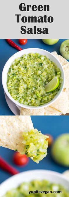 green tomato salsa in a white bowl with tortilla chips