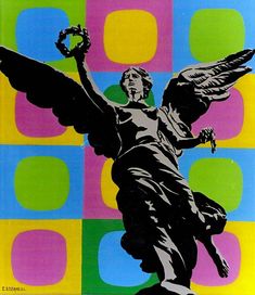 an image of a woman with wings on top of a statue in front of colorful squares